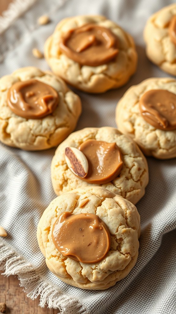 Delicious protein cookies topped with creamy nut butter on a textured surface.