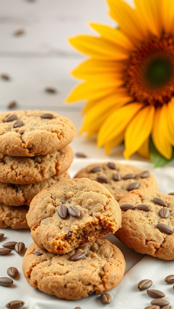 Delicious homemade protein cookies with sunflower seeds stacked next to some scattered sunflower seeds.