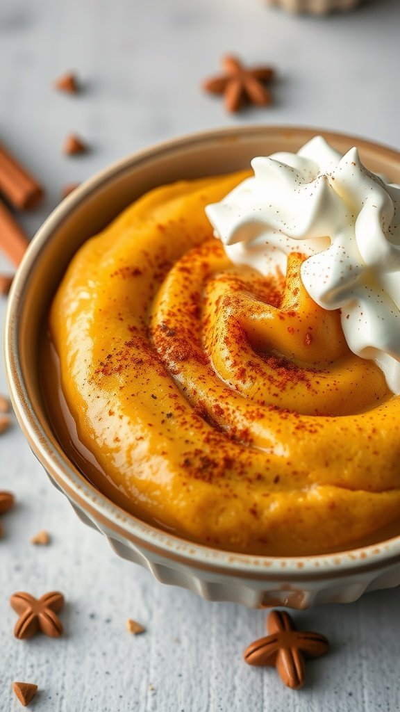 A bowl of creamy pumpkin spice chia pudding topped with whipped cream and sprinkled with spices.