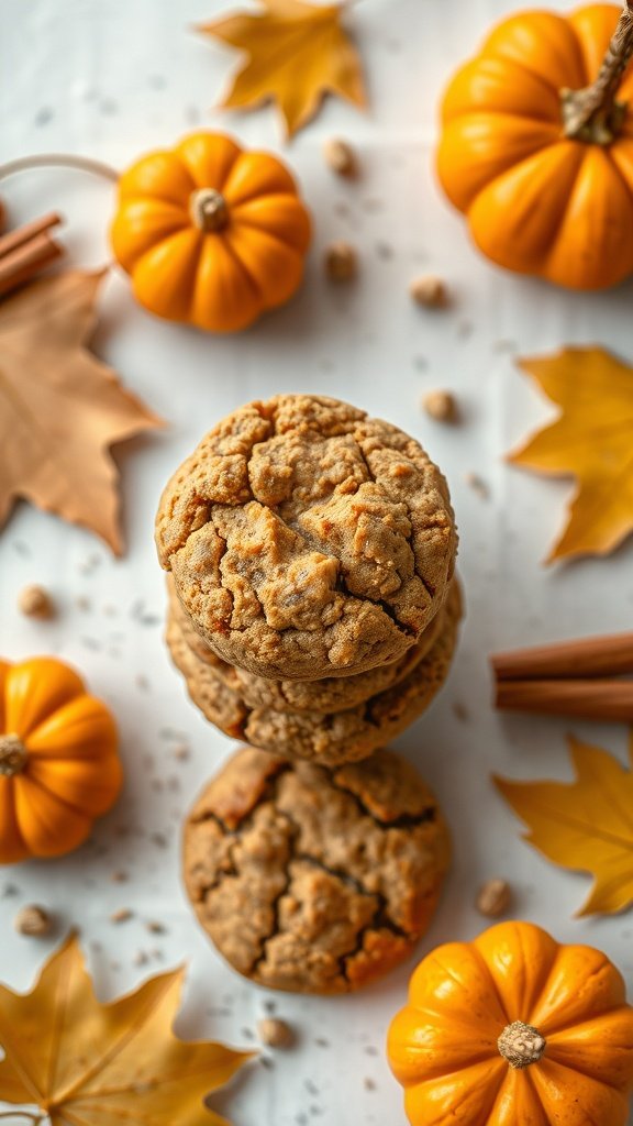 Pumpkin spice protein cookies stacked on a table with pumpkins and cinnamon sticks around.