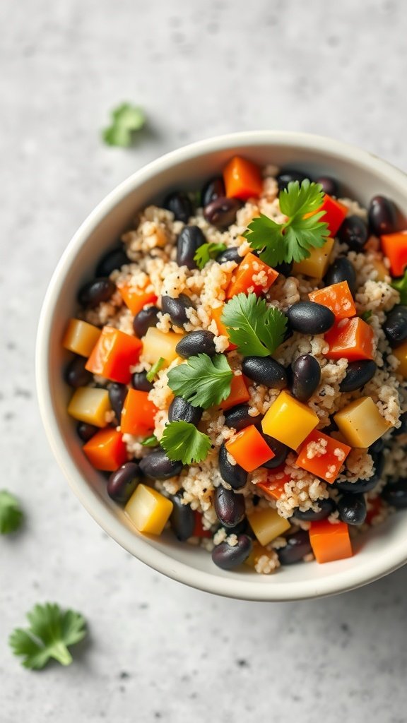 A colorful quinoa and black bean salad with bell peppers and cilantro.