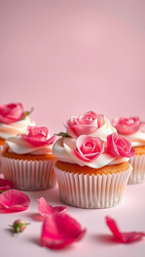 Beautifully decorated raspberry rose cupcakes with pink frosting and rose decorations.