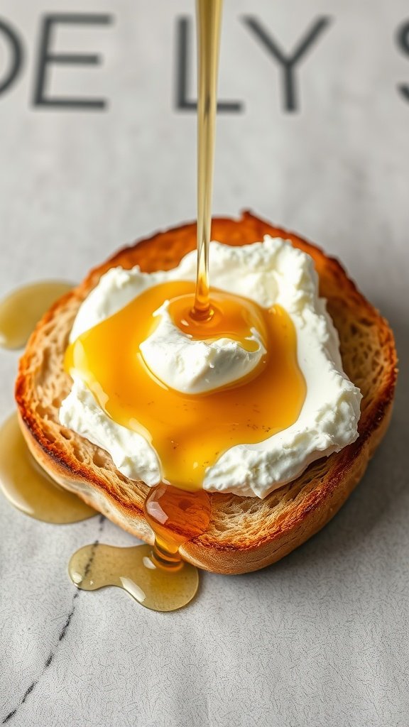 Delicious ricotta and honey toast with drizzled honey on top.