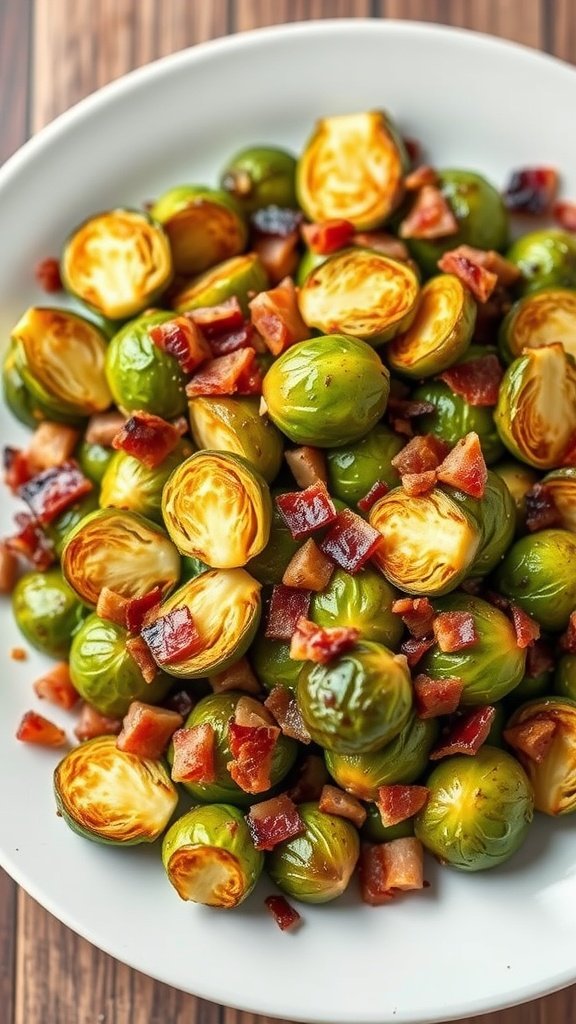 A plate of roasted Brussels sprouts mixed with crispy bacon pieces.