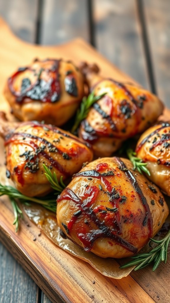 Delicious roasted chicken thighs with rosemary on a wooden platter