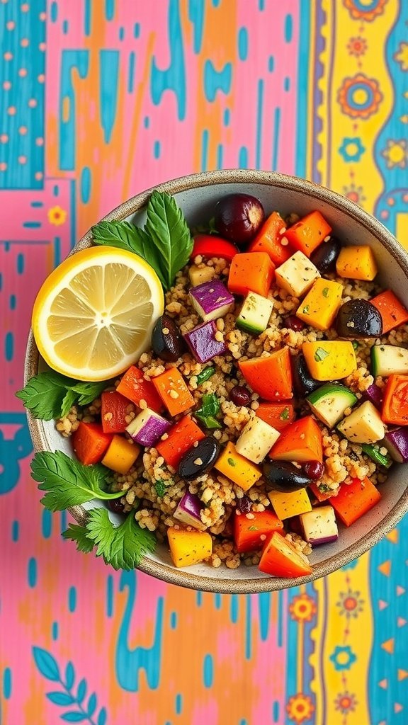 A vibrant quinoa bowl filled with roasted vegetables, black beans, and garnished with herbs and lemon. Cold Weather Dinner Ideas