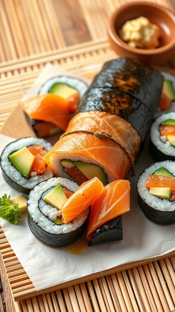 Salmon and avocado sushi rolls on a bamboo mat