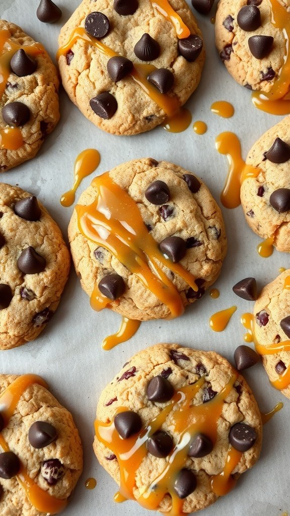 Salted caramel hot chocolate chip cookies with chocolate chips and caramel drizzle
