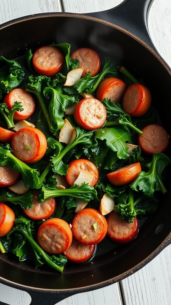 A colorful and healthy sausage and kale skillet dish.