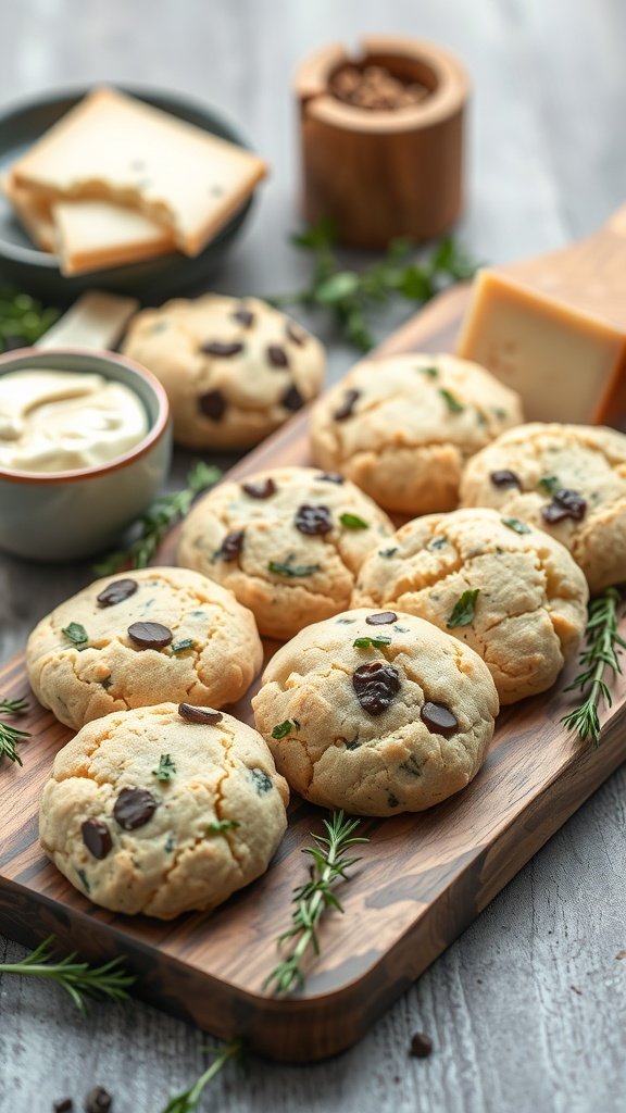 Savory cheese and herb protein cookies on a wooden platter