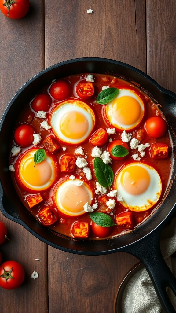 A vibrant skillet of shakshuka with eggs, tomatoes, and feta.