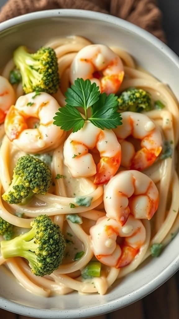 A bowl of shrimp and broccoli alfredo pasta garnished with parsley.