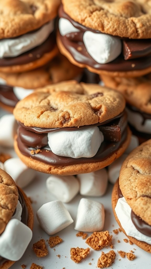 Delicious S'mores Hot Chocolate Cookies stacked with chocolate and marshmallows