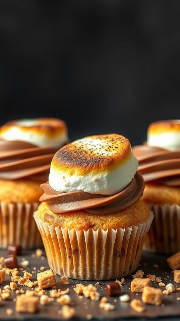 S'mores inspired cupcakes with chocolate frosting and toasted marshmallows on top