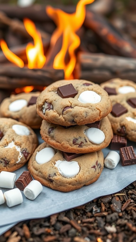 Delicious s'mores protein cookies stacked with chocolate and marshmallows