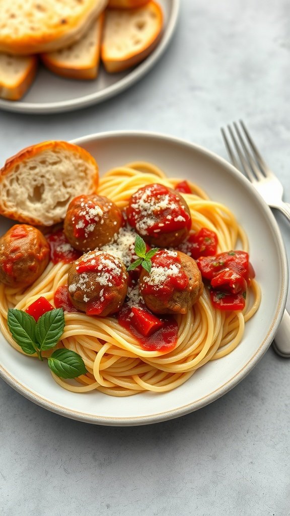 A plate of spaghetti and meatballs topped with sauce and garnished with basil.