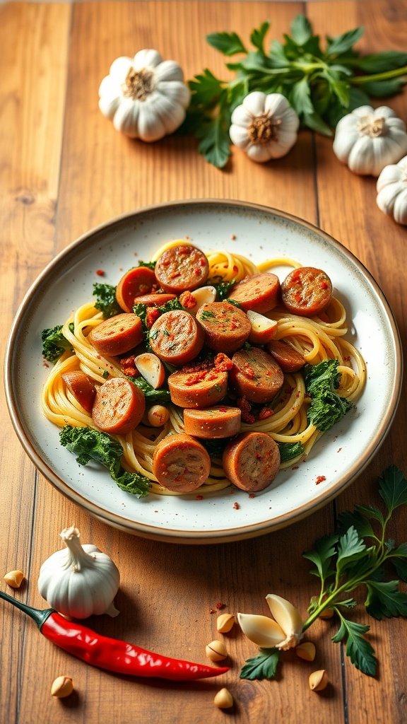 A plate of spicy sausage and kale pasta garnished with garlic and chili flakes. Cold Weather Dinner Ideas