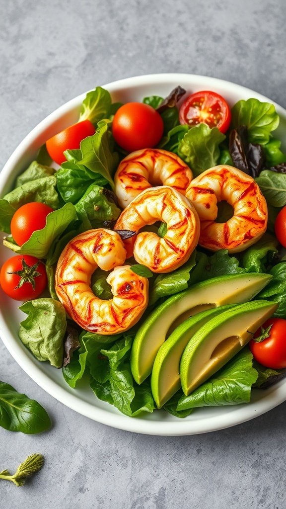 A colorful plate of spicy shrimp and avocado salad with mixed greens and cherry tomatoes.