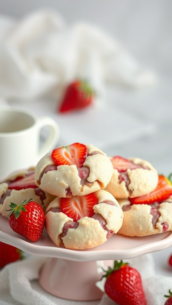 Delicious strawberry hot chocolate cookies on a cake stand.