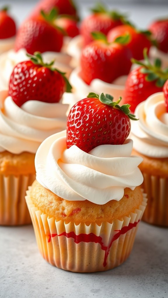 Delicious Strawberry Shortcake Cupcakes topped with fresh strawberries.