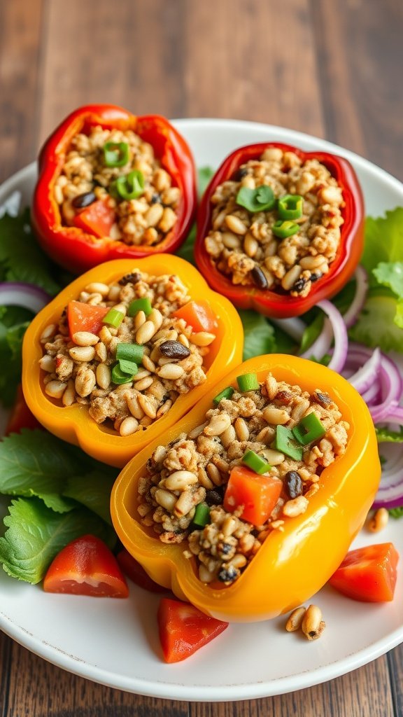 A plate of stuffed bell peppers filled with grains and topped with green onions.
