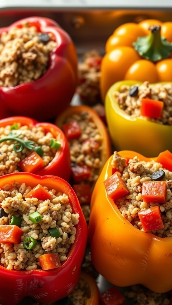 Colorful stuffed bell peppers filled with quinoa and turkey. High Protein Low Carb Meals