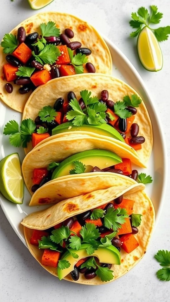 Sweet Potato and Black Bean Tacos with toppings
