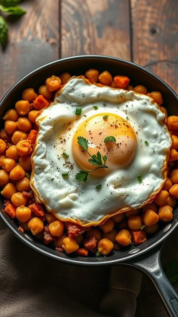 A delicious dish of sweet potato and chickpea hash topped with a fried egg. Mediterranean Breakfast