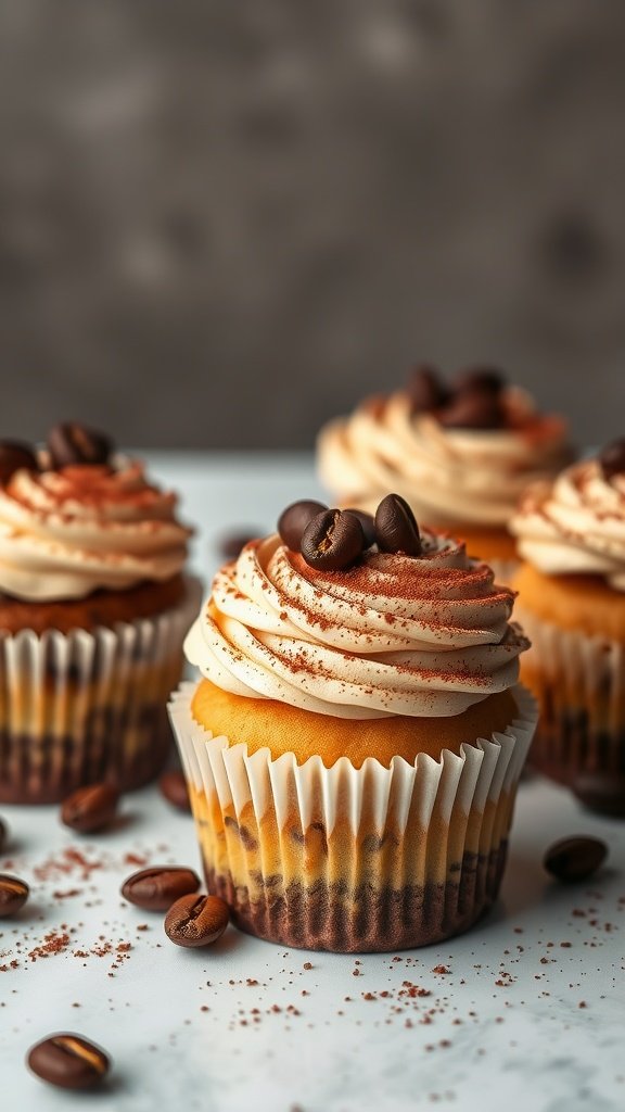 Delicious tiramisu inspired cupcakes with coffee beans and cocoa dusting on top.