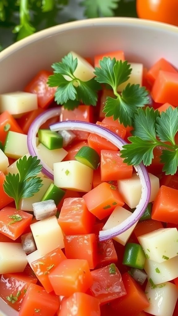 A colorful bowl of diced tomatoes, cucumbers, and onions garnished with herbs.