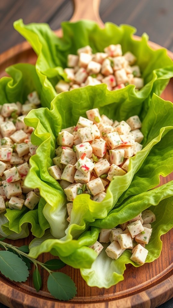 Tuna salad served in lettuce wraps, showcasing diced vegetables and creamy texture.