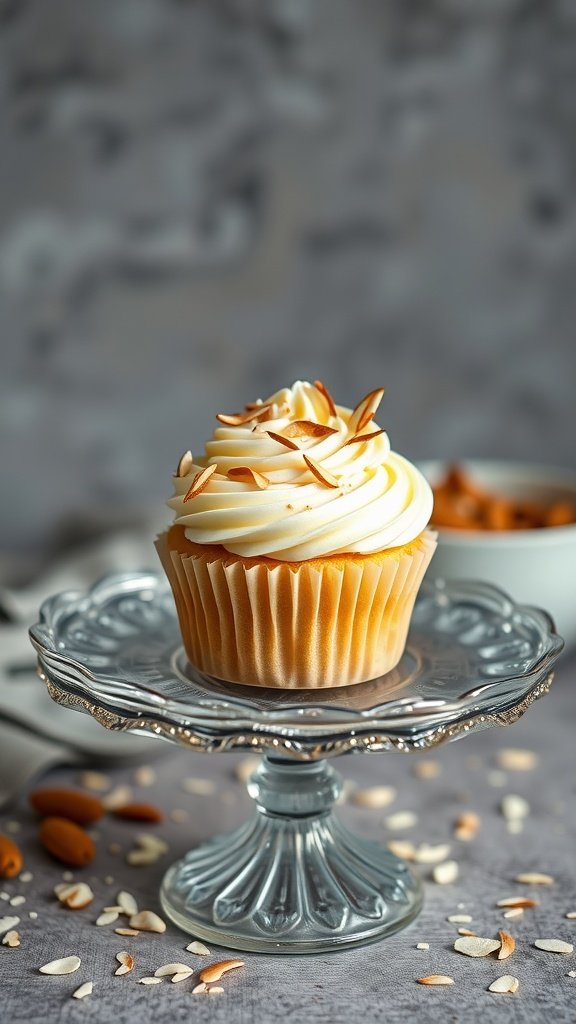 Delicious vanilla almond cupcakes topped with creamy frosting and almond slices. Valentine's Day Cupcake