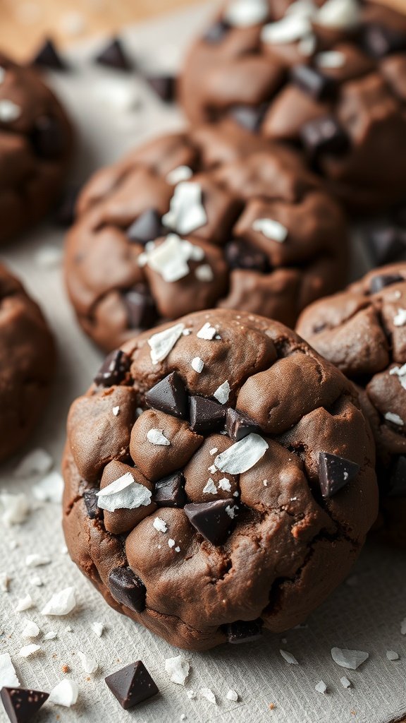 Vegan hot chocolate cookies with chocolate chips and sea salt