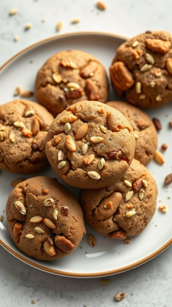 A plate of vegan protein cookies topped with nuts.