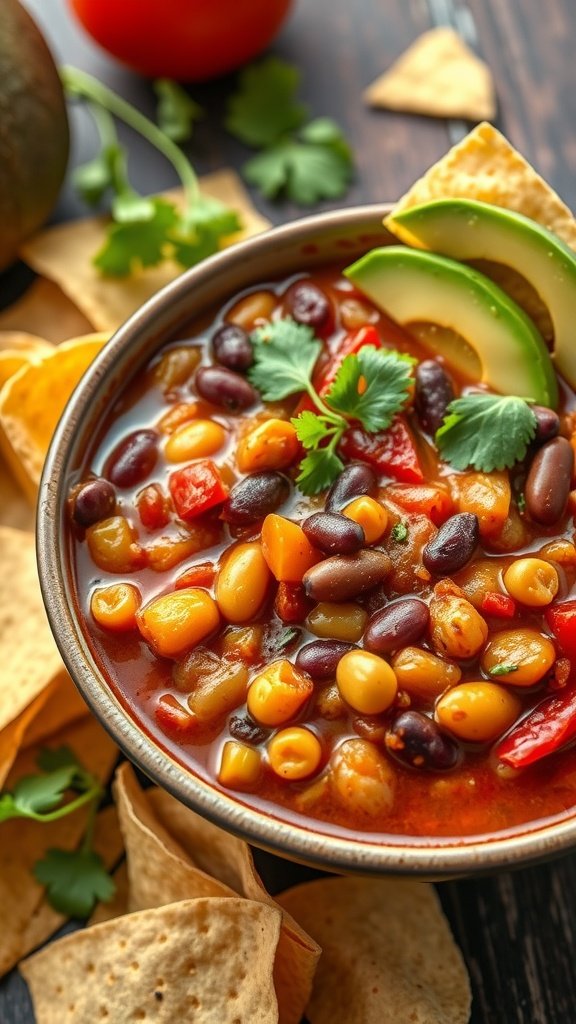 A bowl of colorful vegetable and bean chili topped with avocado and cilantro, served with tortilla chips.