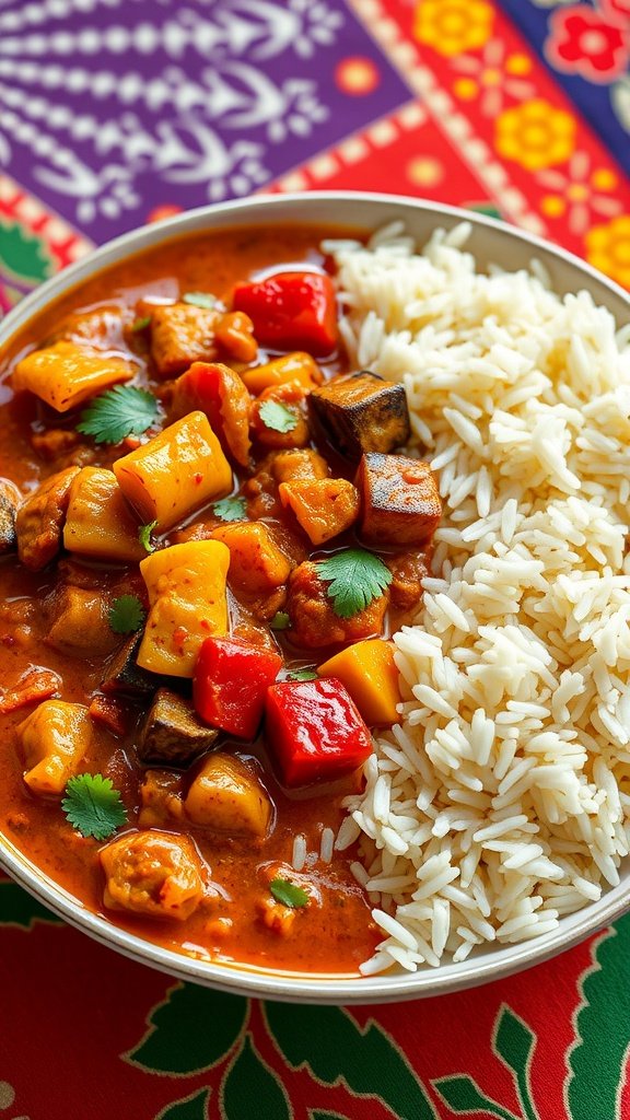 A bowl of vibrant vegetable curry served with basmati rice.