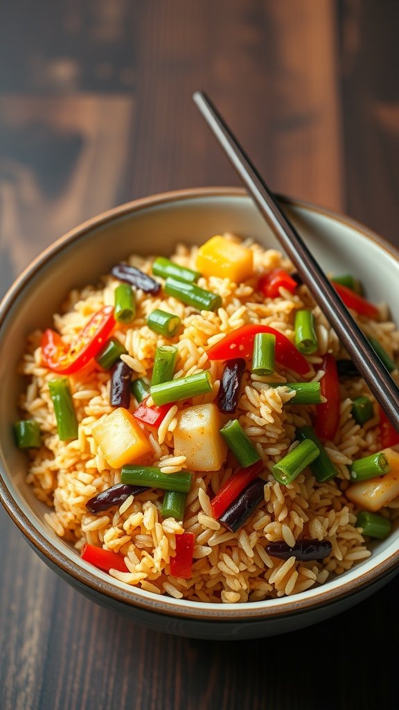 A bowl of colorful vegetable fried rice with chopsticks
