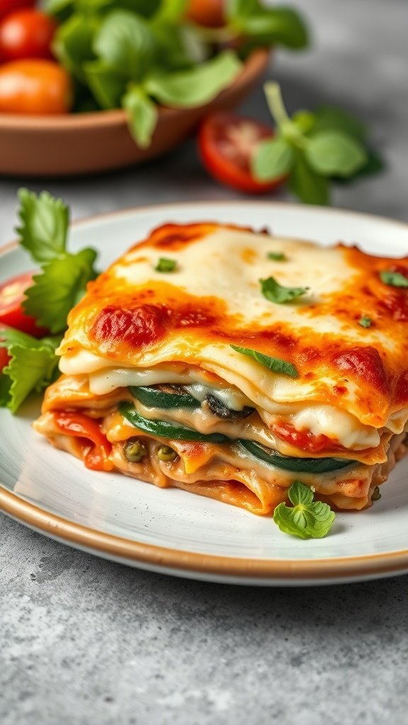 Slice of vegetable lasagna with layers of cheese and vegetables on a plate