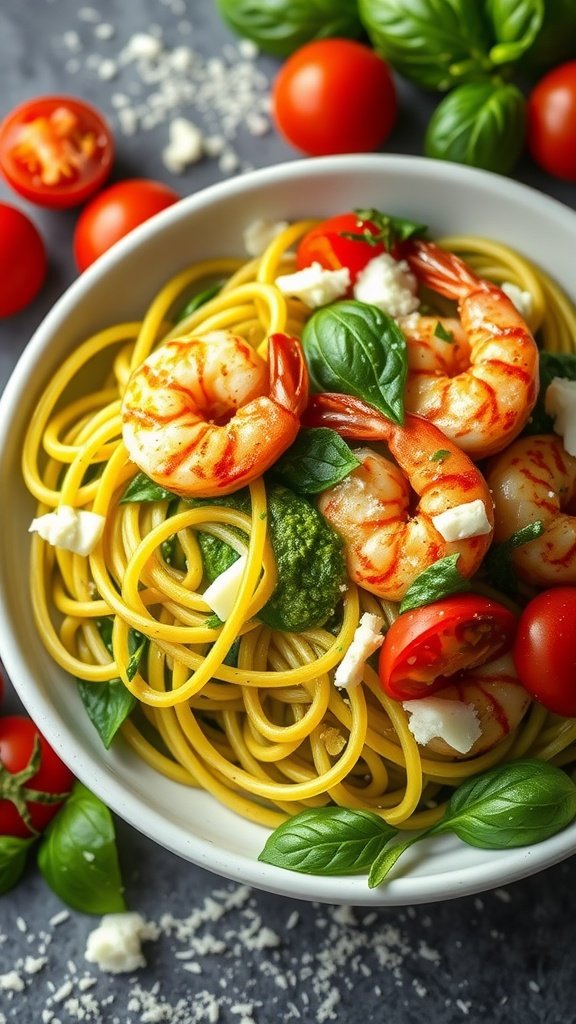 A bowl of zucchini noodles topped with pesto, shrimp, and cherry tomatoes. High Protein Low Carb Meals
