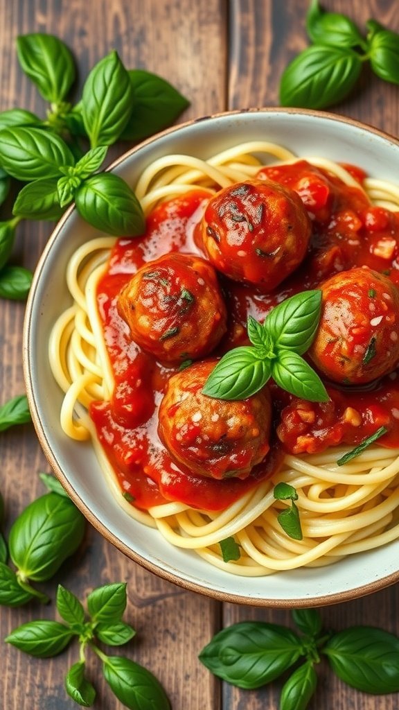 A bowl of zucchini noodles topped with turkey meatballs and marinara sauce, garnished with fresh basil. High Protein Low Carb Meals. 