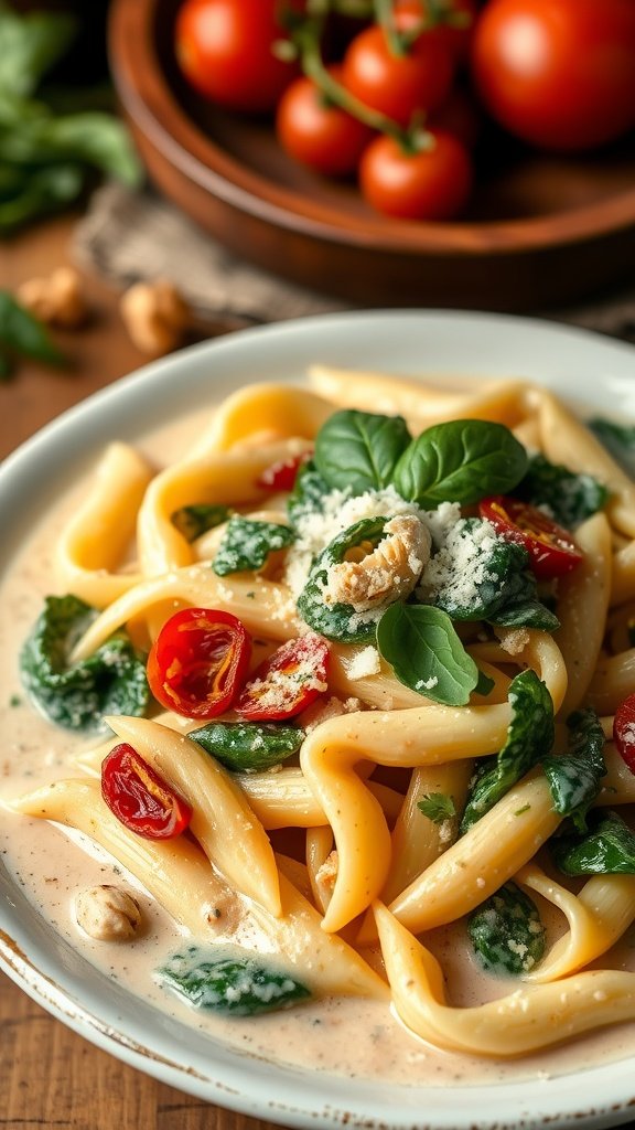 A bowl of creamy Tuscan chicken pasta with spinach and sun-dried tomatoes, garnished with Parmesan cheese.