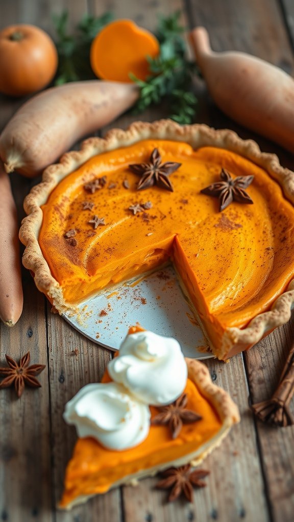 Sweet potato pie on a table with a slice cut out, revealing the creamy filling and a sprinkle of cinnamon on top.