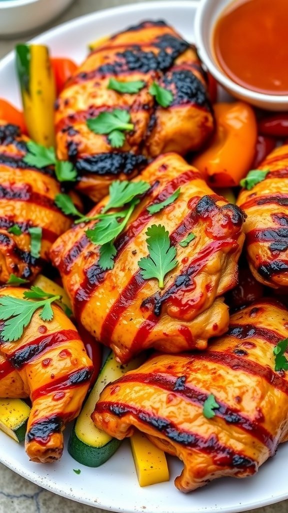Grilled Peri-Peri chicken on a plate with vegetables and a bowl of sauce.