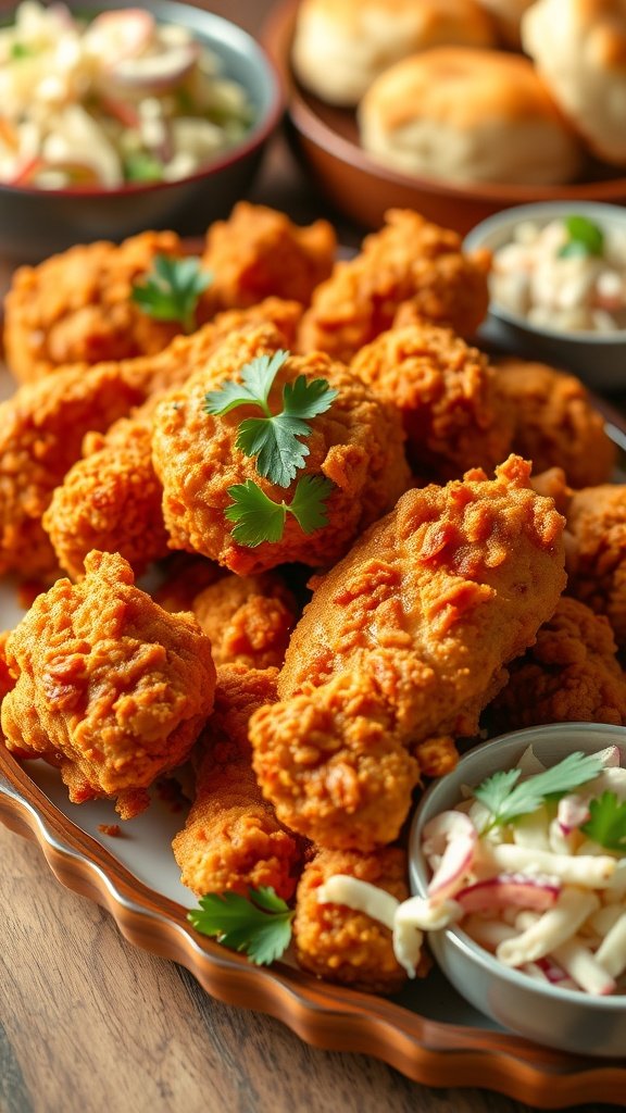 A platter of crispy Southern fried chicken garnished with parsley, served with coleslaw and biscuits.