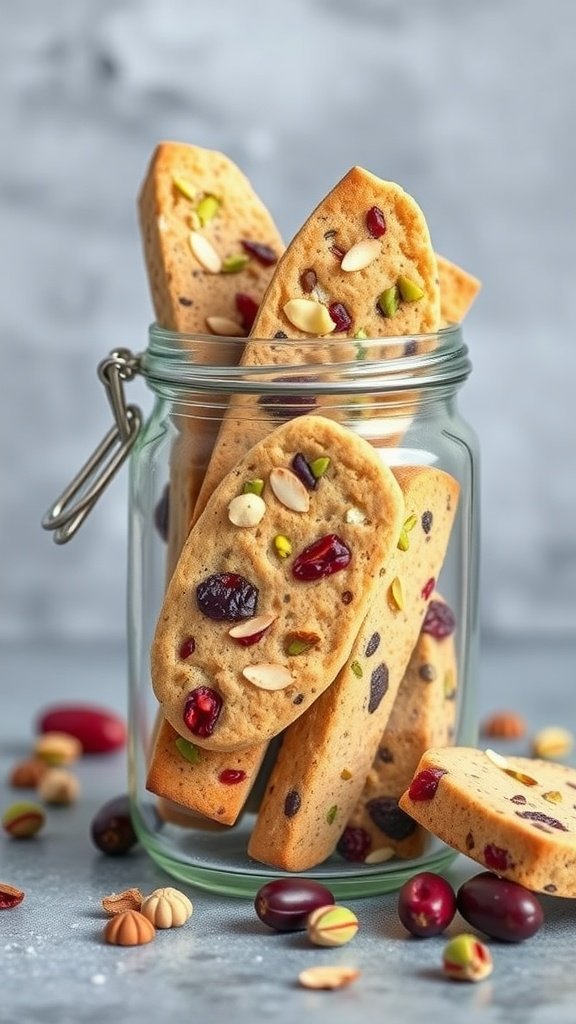 Almond biscotti with cranberries and pistachios in a glass jar
