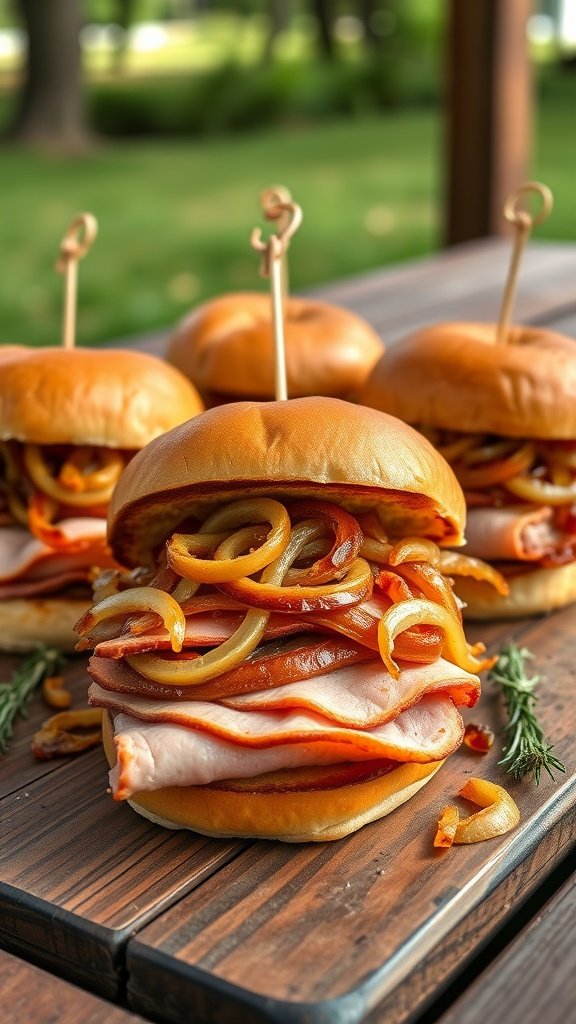 A close-up of ham and cheese sliders with sautéed onions, presented on a wooden table.