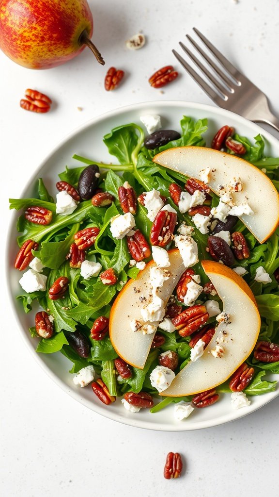 A fresh arugula and pear salad with goat cheese and pecans.