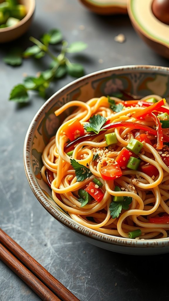 A colorful bowl of Asian sesame noodle salad with vegetables