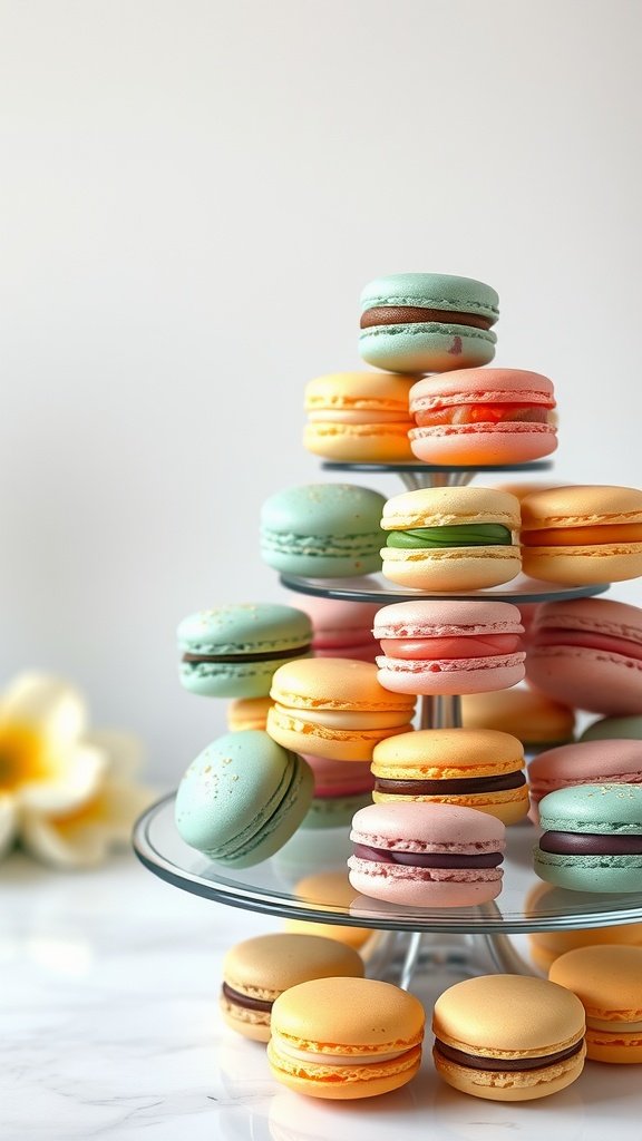 Assorted macarons in various colors stacked on a dessert stand.