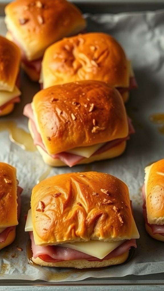 Baked ham and Swiss sliders on a tray